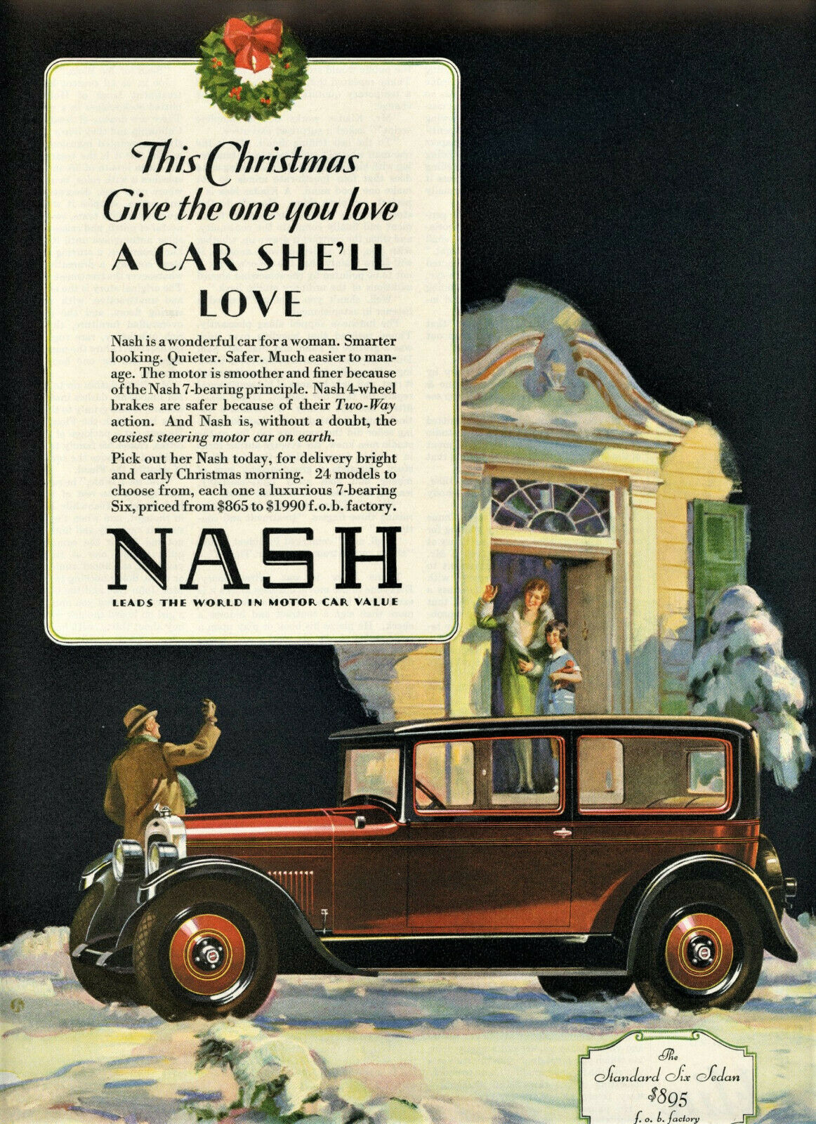 1927 Orig NASH Std Six SEDAN Ad. Big COLOR Pg. Give Her A NASH This CHRISTMAS
