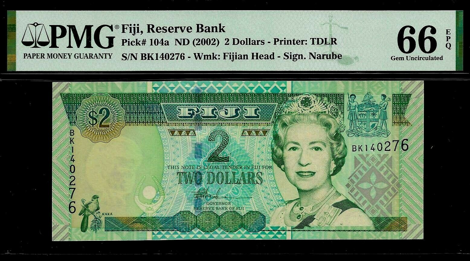 Fiji 2 Dollars 2002 Pmg 66 Epq Unc   Pick # 104a Sign. Narube