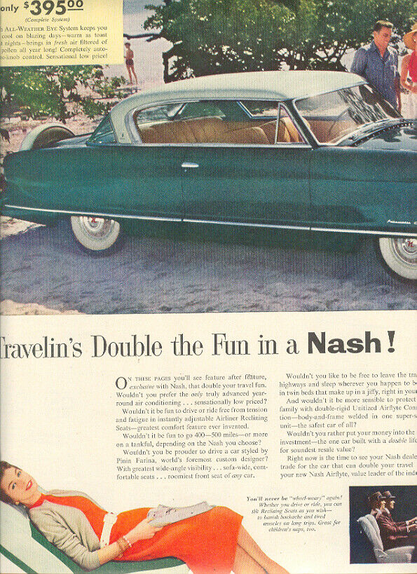 1954 Nash Two Page Ad   Family At  The Beach    Original  Magazine Ad