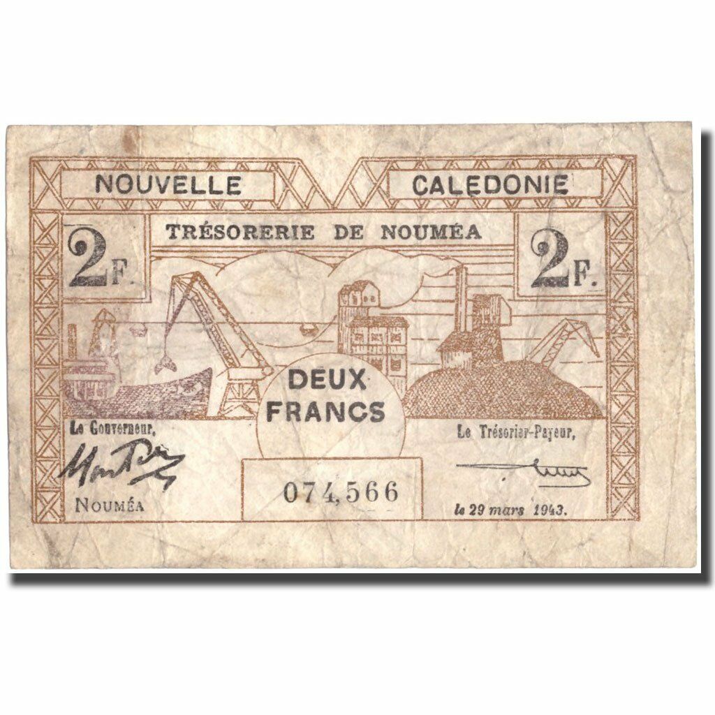 [#214980] Banknote, New Caledonia, 2 Francs, 1943, 1943-03-29, KM:56a, VF(30-35)
