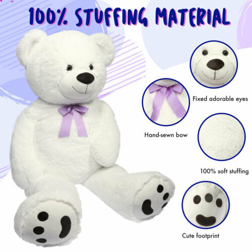 4FT White Teddy Bear Stuffed Animals Plush Toys Child Kids Girls Birthday Gifts