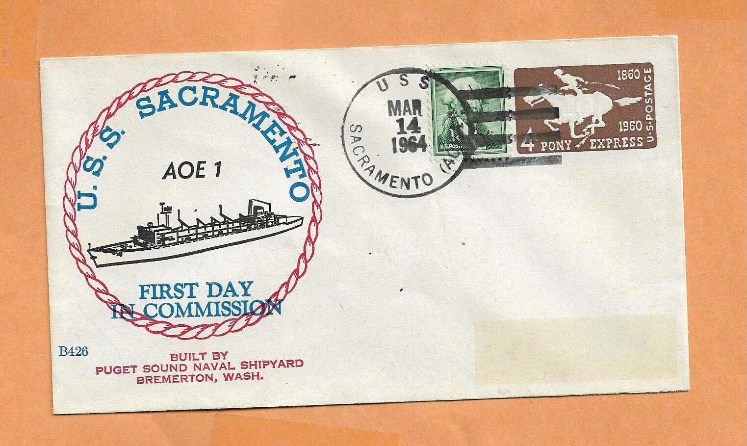 U.S.S.  SACRAMENTA FIRST DAY IN COMMISSION MAR 14,1964 BECK B426  NAVAL COVER