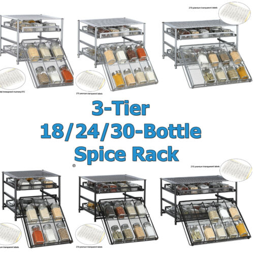 3-tier Kitchen Storage Spice Rack Drawer 18/24/30 Pantry Cabinet Organizer