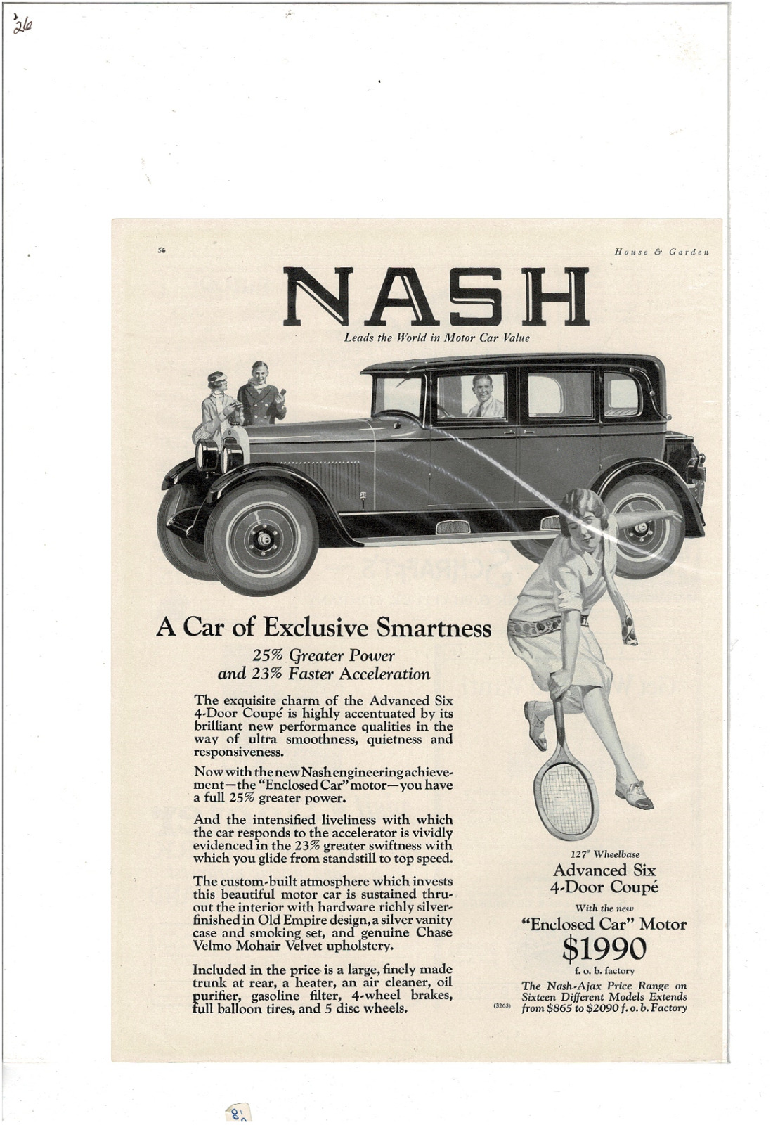 MAY 1926 HOUSE & GARDEN NASH ADVANCED SIX 4-DOOR COUPE TENNIS AD PRINT E983