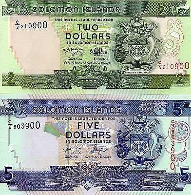 SOLOMON ISLANDS pair of UNC banknotes 2 and 5 Dollars 1997-2006