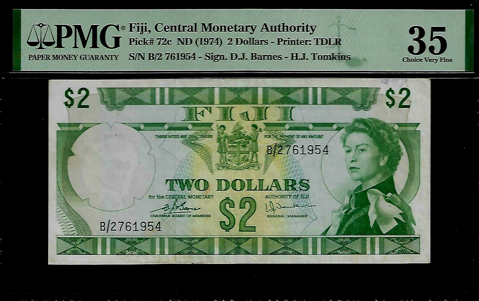 Fiji 2 Dollars 1974 PMG 35    Pick # 72c