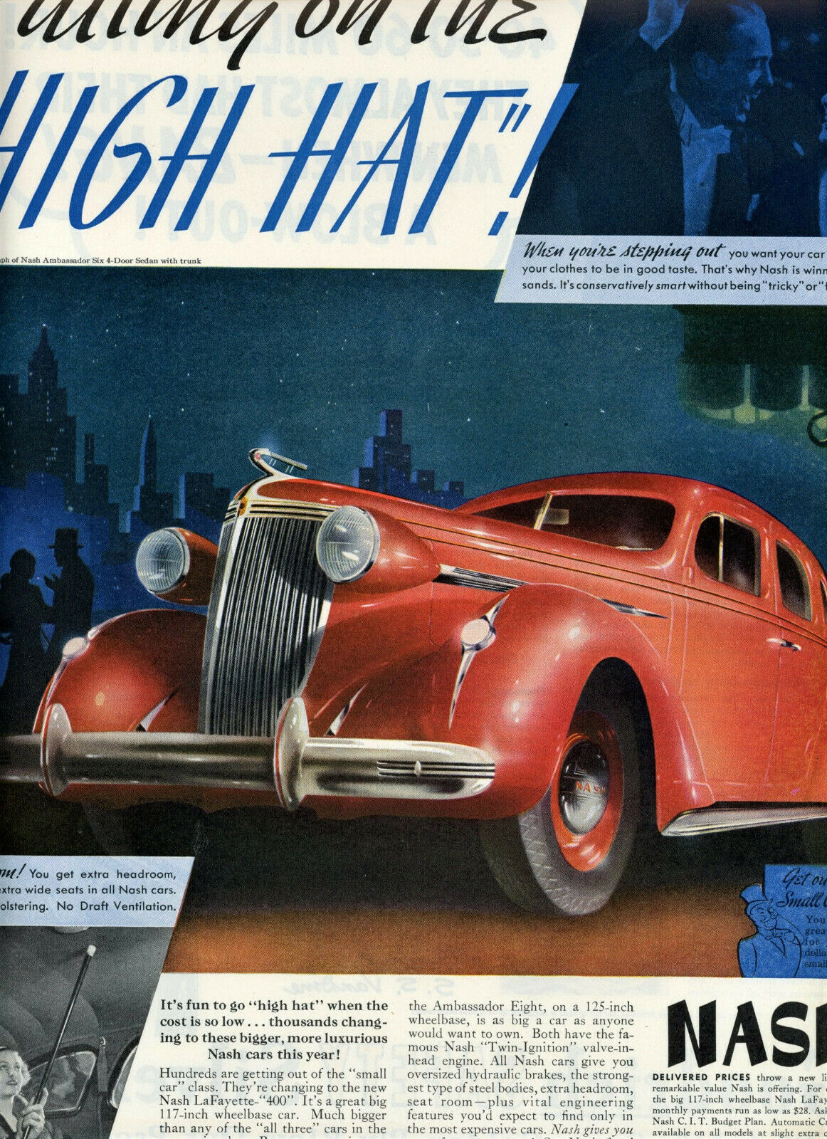 1937 Vtg Orig Nash Ambassador Six Sedan Big Color Ad. Extra Room Everywhere