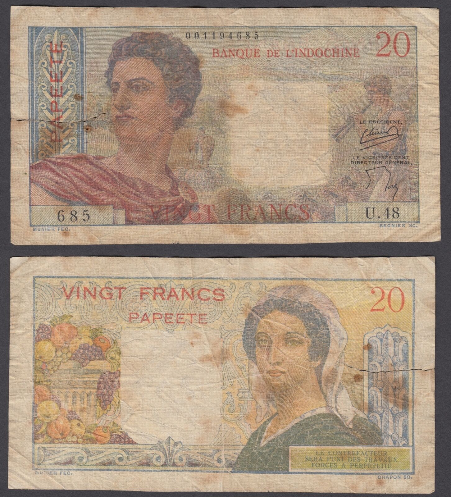 Tahiti 20 Francs 1954-1958 (VG) Condition Banknote Papeete P-21b