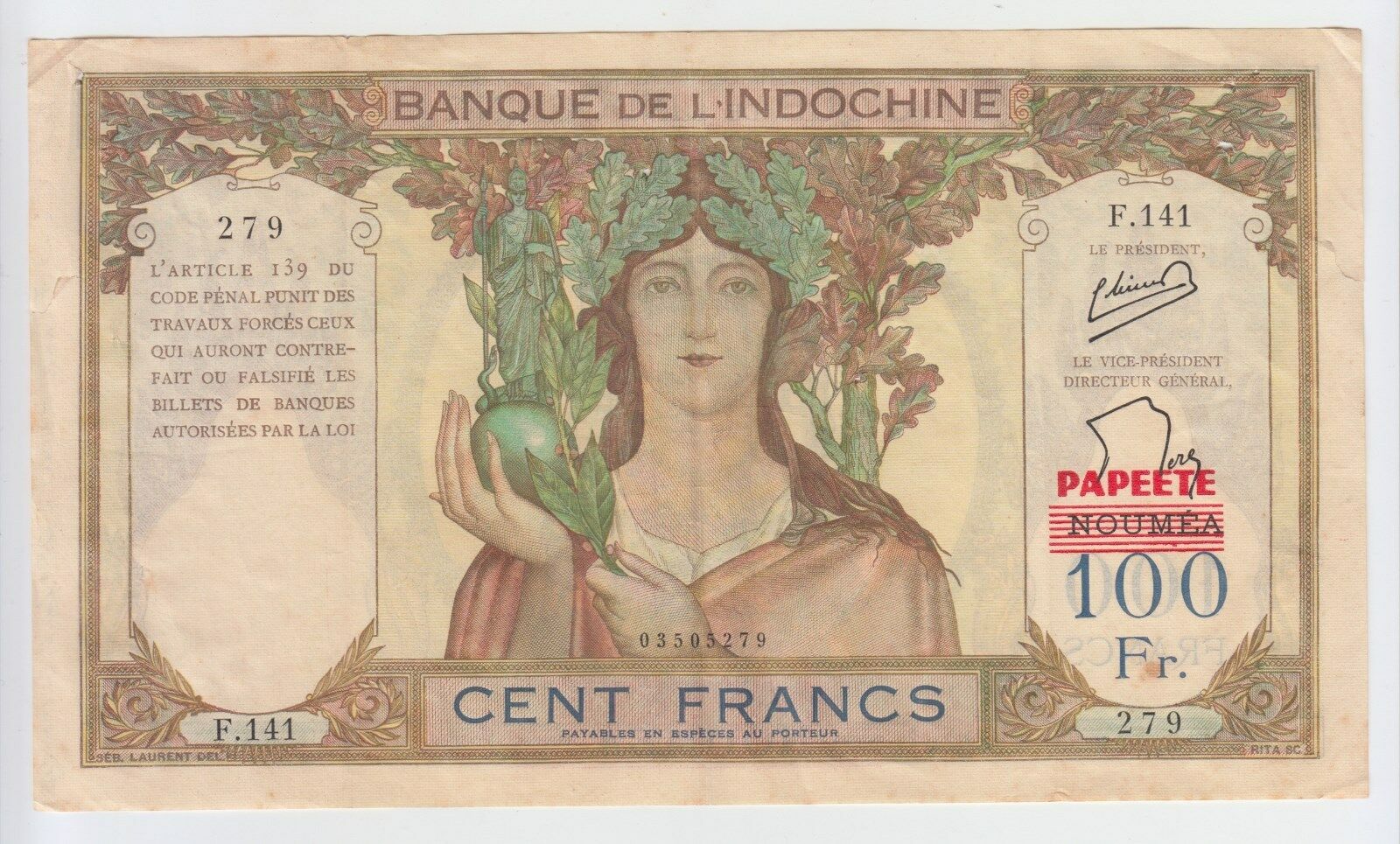 Tahiti Banknote P16a 100 Francs 1940 Provisional Issue, Small Pinholes,vf