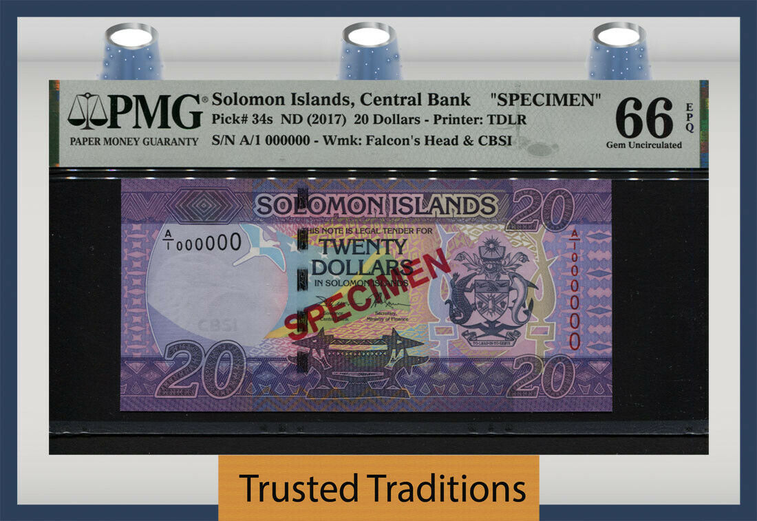 Tt Pk 34s Nd (2017) Solomon Islands Central Bank 20 Dollars Pmg 66 Epq Gem Unc.