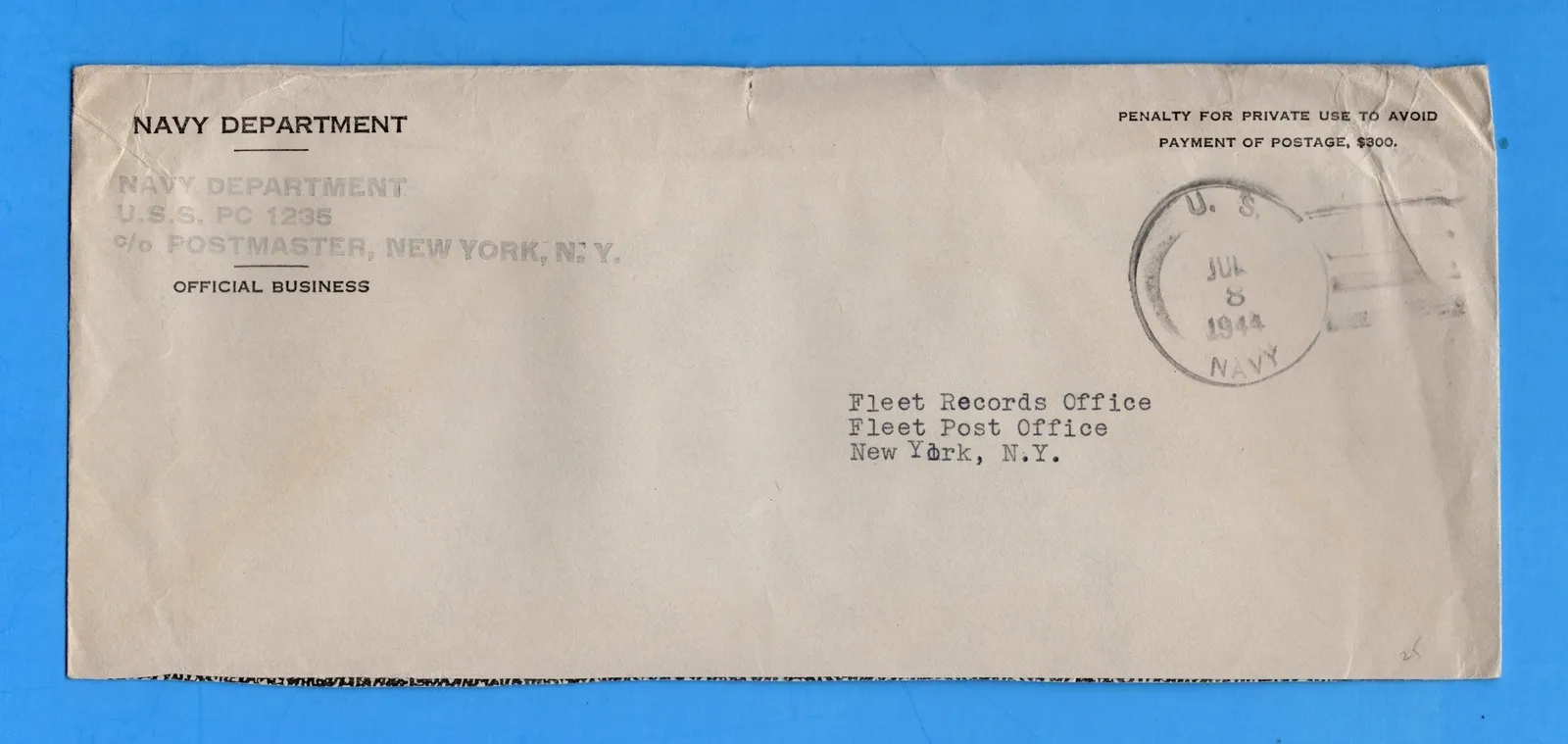Submarine Chaser USS PC-1235 Navy Department Official Mail July 8, 1944