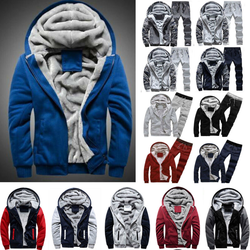Men Winter Warm Liner Hoodie Hooded Coat Sports Gym Sweat Jacket / Tracksuit Set