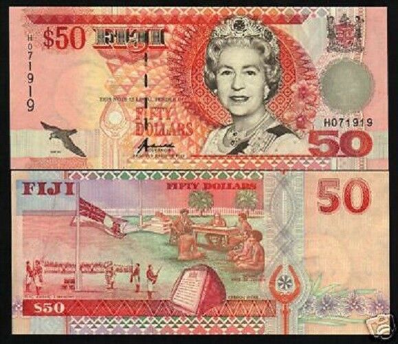 Fiji Islands 50 Dollars P-100 A 1996 Bird Queen Flag Unc Scarce Money Bank Note
