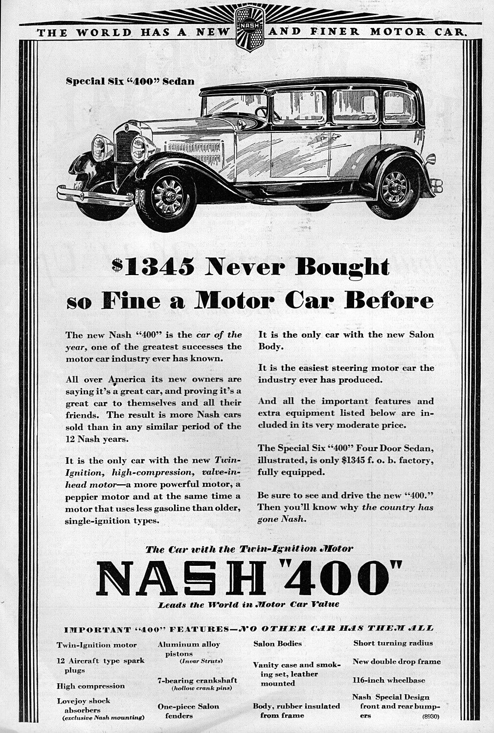 1929 Nash Special Six 400 Sedan "so Fine" Original Ad