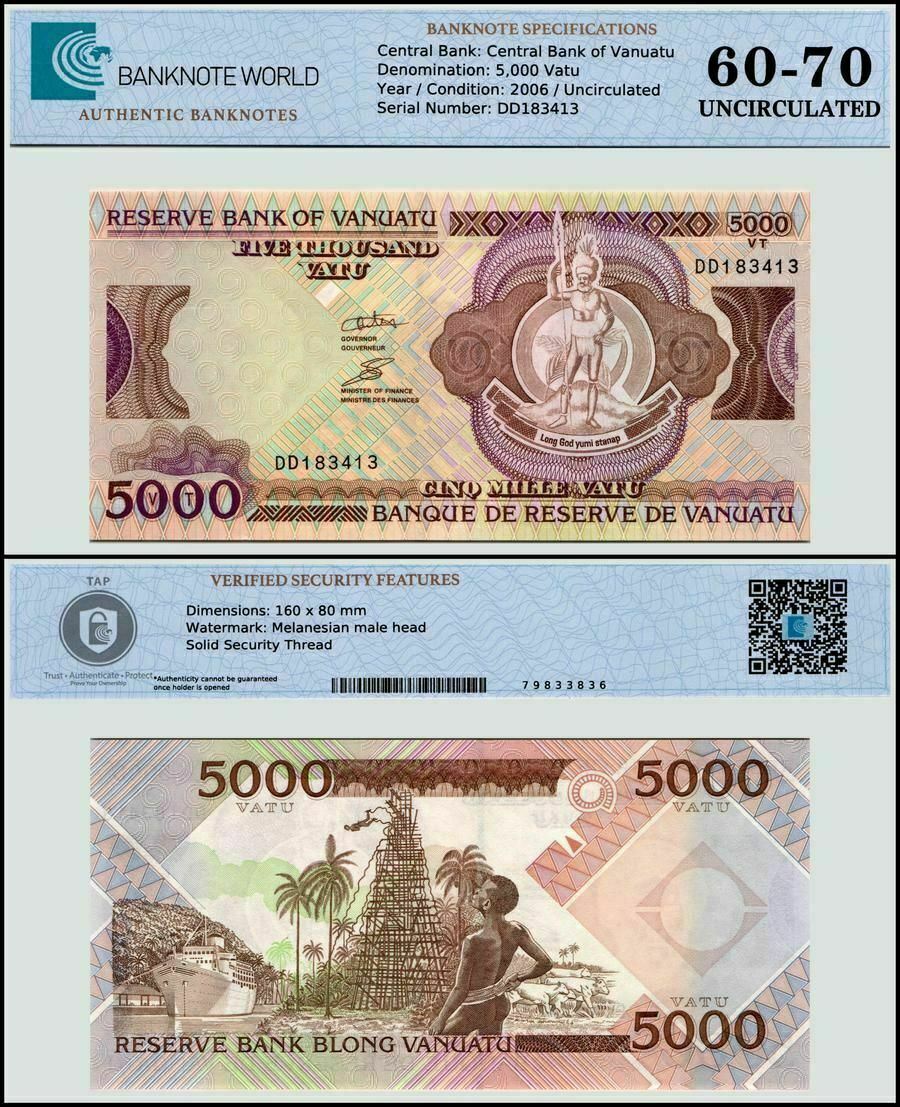 Vanuatu 5,000 Vatu Banknote, 2006-2010 Nd, P-15, Unc, Tap 60-70 Authenticated