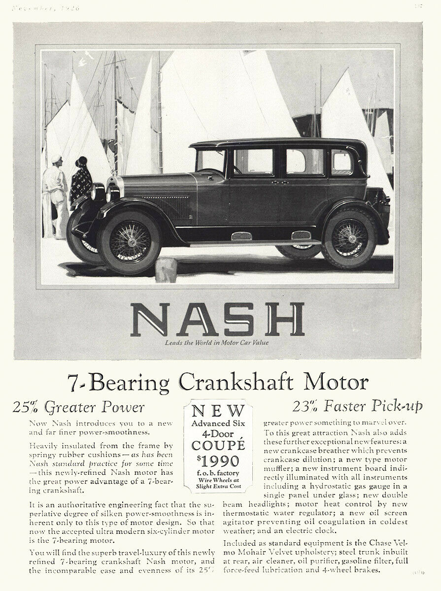 1926 Nash: 7 Bearing Crankshaft Motor Vintage Print Ad