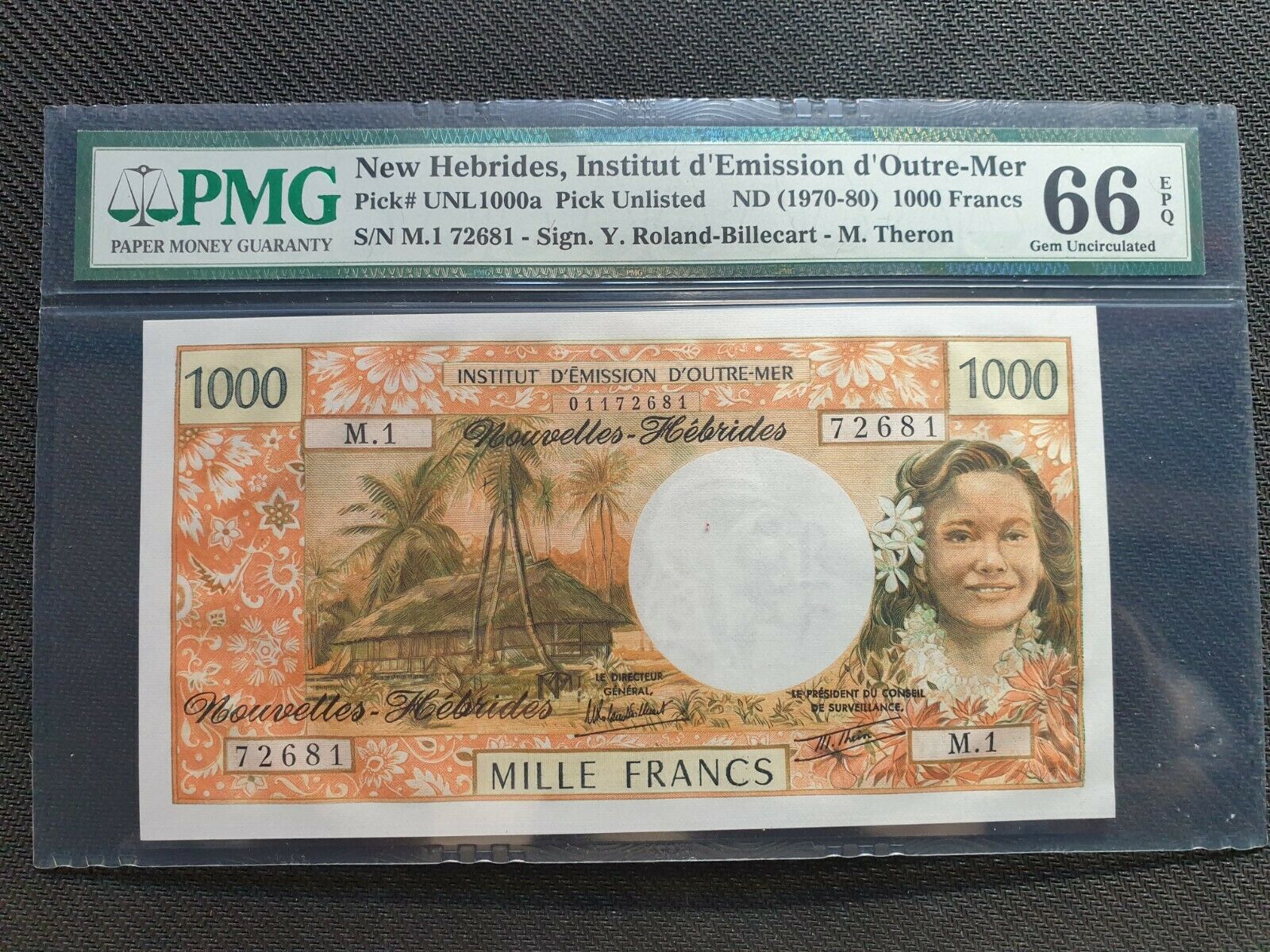 New Hebrides, 1000 Francs 1970-80 Pick Unlisted 1000a - Pmg Gem Unc 66 Rare!!!
