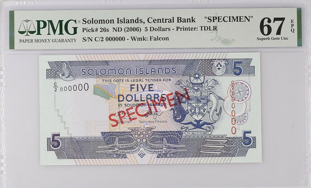 Solomon Islands 5 Dollars Nd 2006 P 26 Specimen Superb Gem Unc Pmg 67 Epq Top