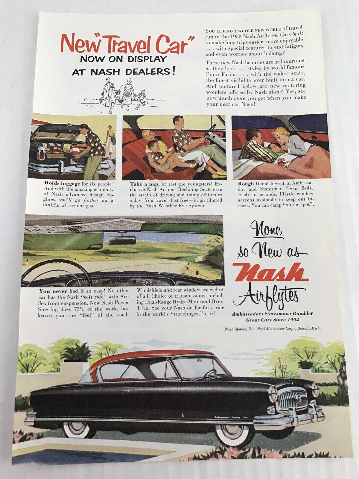 Nash Airflytes Travel Car Vtg 1953 Print Ad