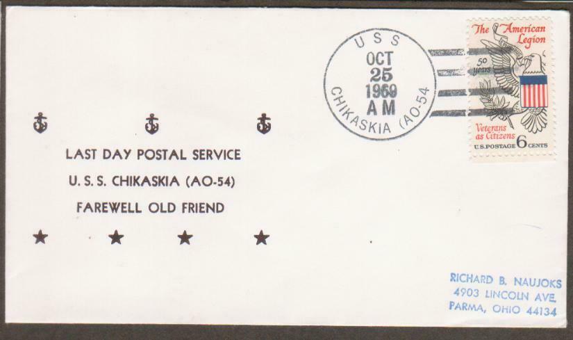 USS Chikaskia AO 54 October 25 1969 Last Day Postal Service Printed Cachet