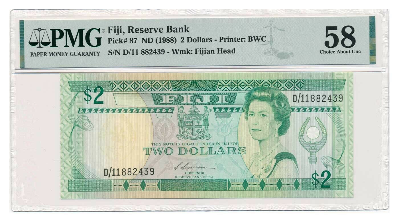 Fiji Banknote 2 Dollars 1988 Pmg Au 58 Choice About Uncirculated