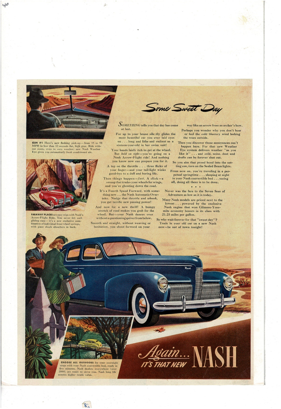 1940 Nash 4-door Sedan Arrow-flight Ride Convertible Bed Heated  Ad Print F001