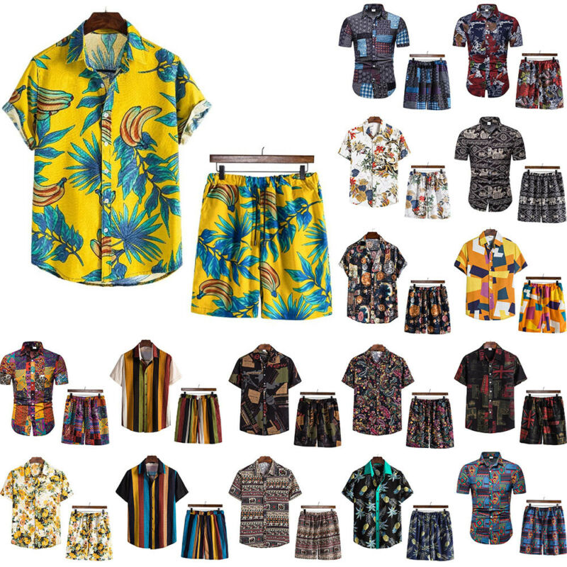 Mens Hawaiian Printed Short Sleeve Button-Up Shirts + Shorts Sets 2 Piece Outfit